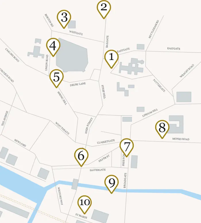 Lincoln Map showing markers of 10 locations on the literary trail